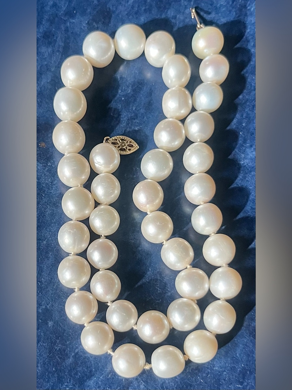 Vintage Strand of cultured pearls 17” w/14 KYG filigree fishhook clamp